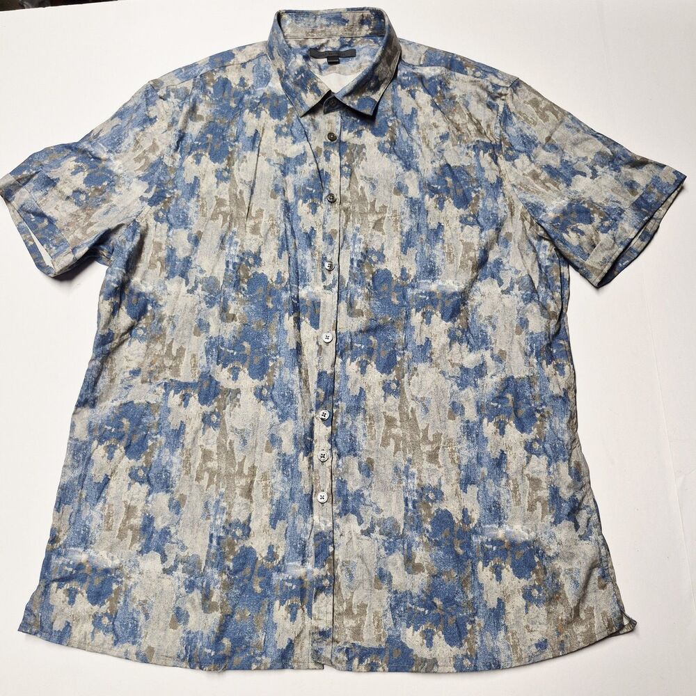 John Varvatos Men XL Shirt Short Sleeve Button Up Blue Gray Abstract Camo Print